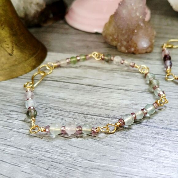 Rainbow Fluorite Crystal Beaded Bracelet, Gemstone Bracelet, 7" 1 PC - Picture 3 of 6